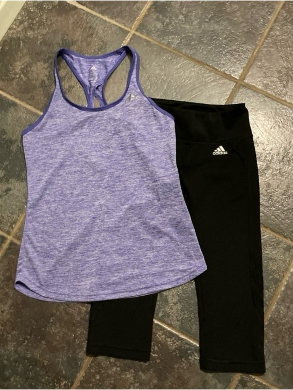 adidas Black Capri Leggings with Heather Purple Racerback Tank Women’s Size S